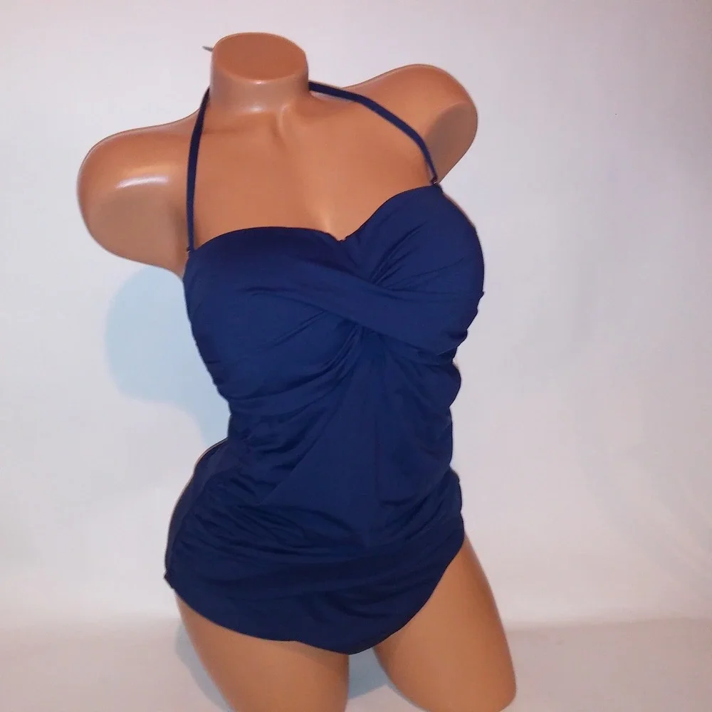 Anne Cole Swim One Piece Size 14 Solid Navy Blue Halter Scrunch Lightly Lined